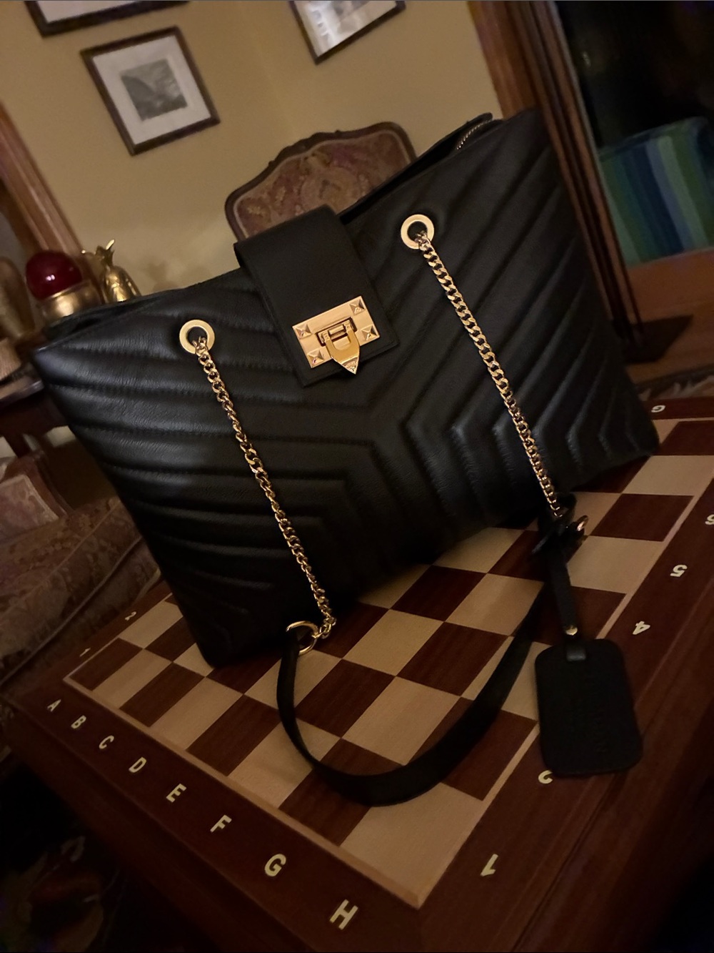 Persaman New York Black Quilted Tote with Gold Chain Straps